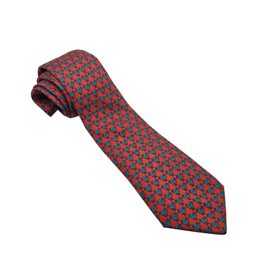 Hermes Silk Tie Red Blue Geometric Celtic Knot French Designer Luxury Old Money - Picture 1 of 8
